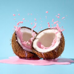 Halved coconut with pink liquid splashing against a light blue backdrop, creating dynamic scene