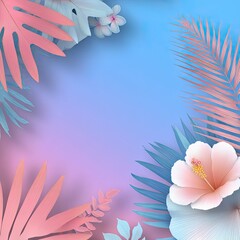 Pastel-toned tropical leaves & blossoms frame a gradient background in a vibrant, floral design