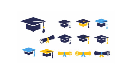 Illustration showing various graduation caps and diploma scrolls in different colors and orientations