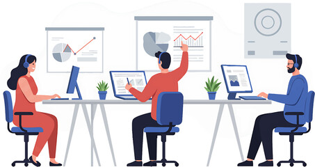 Diverse Team Collaboration: Data Analysis and Presentation in Modern Office.