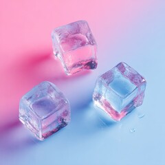 Three translucent ice cubes sit on a surface with pink and blue gradient lighting