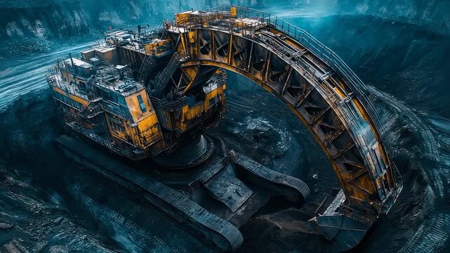 Aerial view of a massive coal mining excavator digging deep into the earth, showcasing modern