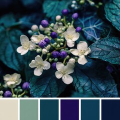 Close-up of delicate white flowers and purple buds with teal leaves; color palette at bottom