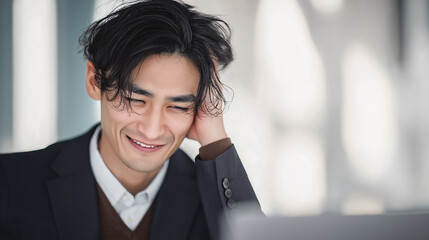 Japanese businessman in suit smiling while working on laptop