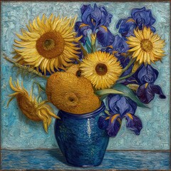 Still life of sunflowers and irises in a blue vase.