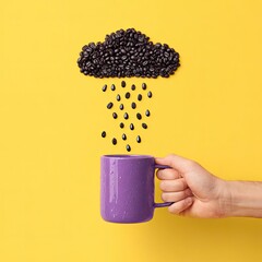 A hand holds a purple mug catching "coffee bean rain" from a cloud on a yellow background
