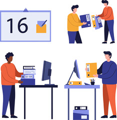 Office scene with calendar workers desks computers and files.