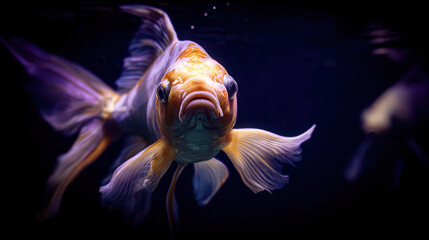 A vibrant goldfish swims gracefully in dark water, showcasing its flowing fins and expressive features, captivating viewers with its beauty.