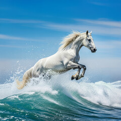 荒波から飛翔する白馬