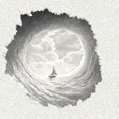 A sailboat in a turbulent sea, depicted within a textured hole