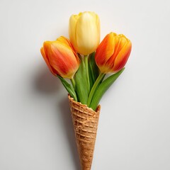 Three vibrant tulips, two orange and one yellow, sit in a waffle cone on a white background