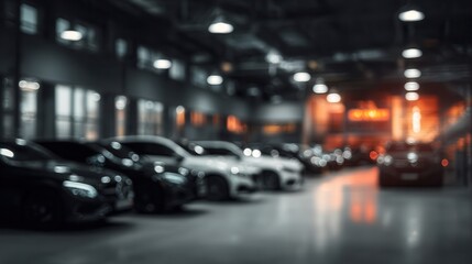 Fototapeta premium A blurred view of an indoor parking area filled with various cars, illuminated by warm lights, creating a modern and atmospheric setting.