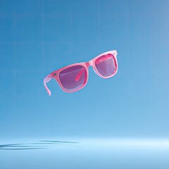 Pink sunglasses float mid-air with a blue backdrop and slight shadow