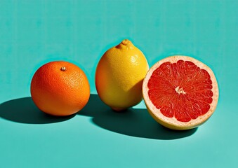 Vibrant arrangement whole orange, lemon, and grapefruit half on a solid turquoise surface