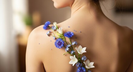 Floral Embellishment: Woman's Shoulder Adorned with Delicate Blu