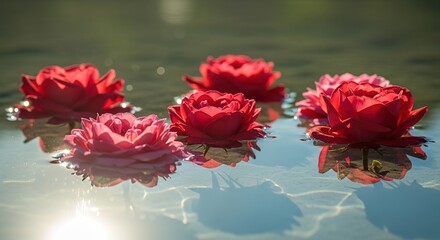 Floating red roses on water, a beautiful floral display.