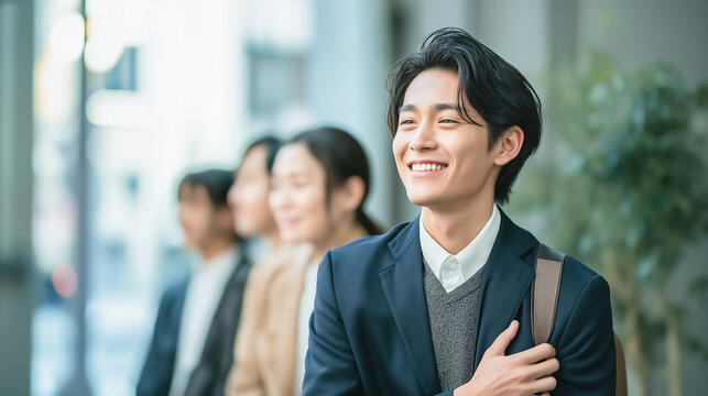 Young Japanese businessman smiling confidently in suit during job hunting season