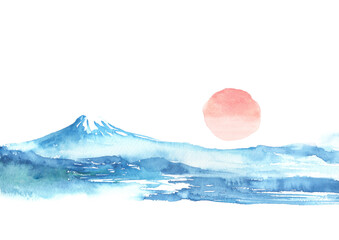 水彩で描いた富士山と日の出の背景イラスト