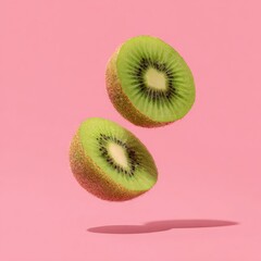 Halved kiwi fruit suspended mid-air with shadow, against a vibrant pink backdrop
