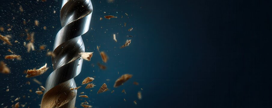 A close-up of a drill bit creating shavings, showcasing dynamic motion and precision against a dark background.