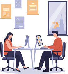 Two People Working at Desks with Computers in a Modern Office Setting.