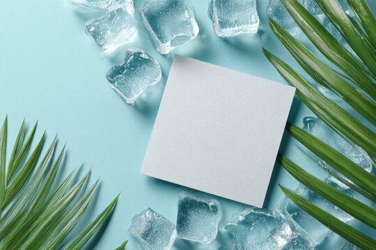 Square blank card nestled among ice cubes & palm leaves on a pastel blue backdrop