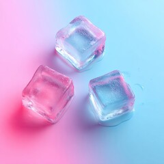 Three melting translucent cubes on a pink-blue gradient, droplets around
