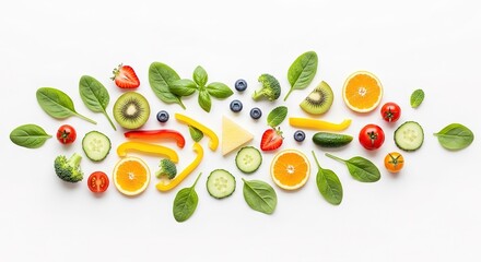 Fresh fruits and vegetables arranged on a white background, forming a healthy food border.