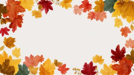 Fototapeta premium Thin decorative frame with colorful hand drawn maple leaves in cartoon style, isolated on pure white background, autumn theme, cozy seasonal design, whimsical illustration