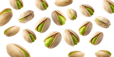 Open Pistachio Nuts Floating Isolated on Transparent Background
Scattered Pistachio Kernels and Shells in Dynamic Composition