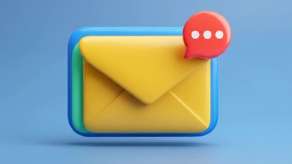 A bright, colorful 3D-rendered email icon set on a blue background, with a red speech bubble over it