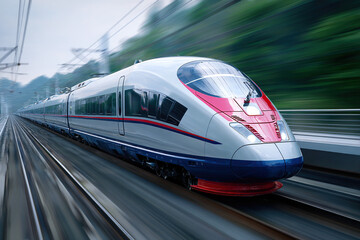 Fototapeta premium High-speed train running on modern railway tracks at high speed