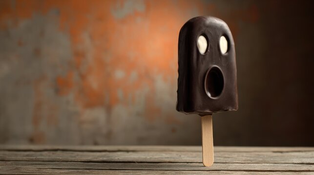 Cute ghost-shaped ice cream pop with chocolate coating and expressive eyes on a rustic wooden table against an orange background