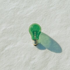 Green lightbulb on textured white surface, casting a shadow. Simple composition