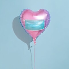Pink heart-shaped balloon with a blue surgical mask against a light blue backdrop