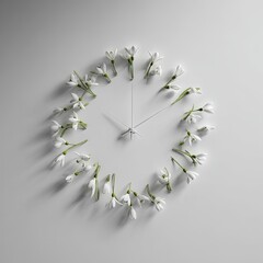 A white clock with floral elements marking the hours on a bright backdrop