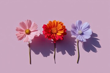 Three colorful blooms cast shadows on a solid purple background, simple arrangement