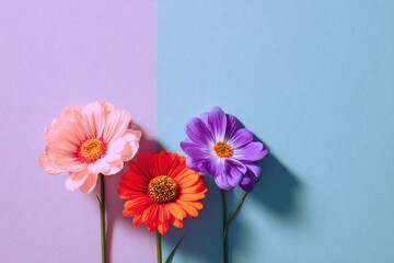 Three vibrant cosmos flowers against a two-tone purple and blue background, top-down shot