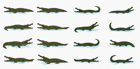 Collection of dark green crocodile and alligator silhouettes in various poses with open mouths and curved tails, against a transparent background.