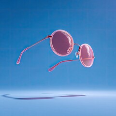 Pink, round-framed eyeglasses levitate, casting a shadow against a textured blue backdrop