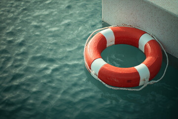 Naklejka premium Red and white lifebuoy floating in the water near a concrete structure
