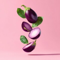 Floating halved and whole purple eggplants with green leaves against a pink backdrop