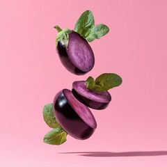 Two sliced eggplants and leaves floating in the air against a pink background