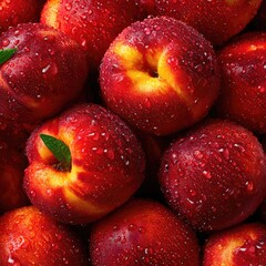 Close-up view of many juicy, red nectarines.  Water droplets cling to the fruit's skin.  A rich, vibrant red color