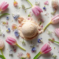 A scoop of melting dessert surrounded by colorful flowers, on a bright white surface