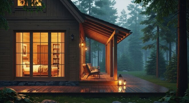 A cozy wooden cabin illuminated from within, showcasing a warm and inviting atmosphere with lights casting a gentle glow on a misty forest landscape, emphasizing the tranquil environment of the...