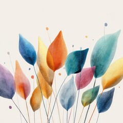 Watercolor painting of stylized leaves in various bright colors against a light beige background