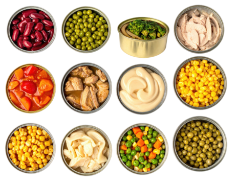 Assorted canned goods in a grid pattern