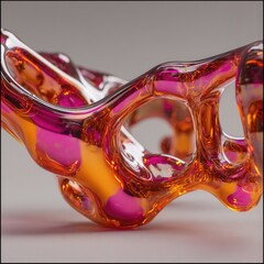 Abstract, organic form, in translucent, vibrant colors of orange and pink.  Intricate, flowing curves and hollow spaces. Close-up view