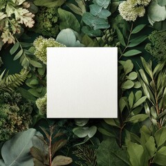 A square of blank paper sits atop an array of varying lush, green, leafy plant life